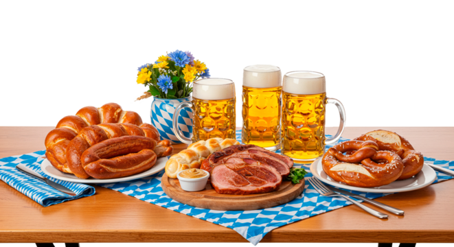 German food and beverage festival with beer pretzels and meat for oktoberfest celebration party on transparent background - Powered by Adobe