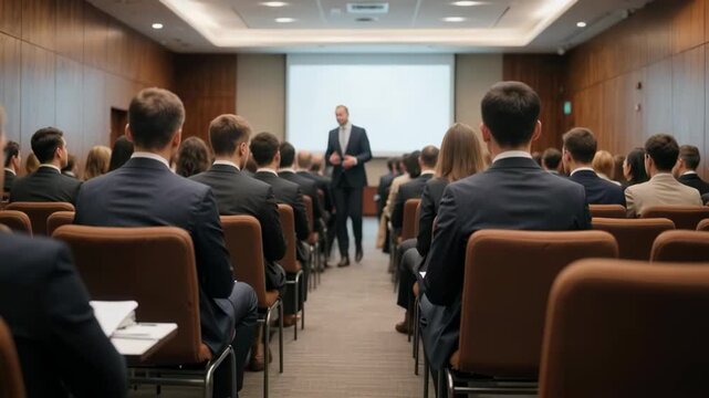 Businesspeople audience attending business seminar or meeting in conference room with speaker on stage.