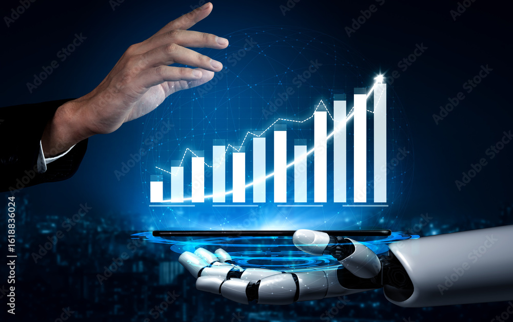 Poster hand of a human and a robot reaching for a digital graph representing growth and innovation in techn