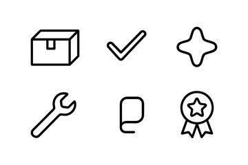 Minimalist black icons set featuring box, checkmark, star, wrench, paper, and award