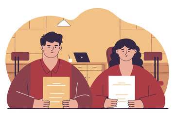 Vector art of unhappy man and woman at table with legal documents, divorce settlement concept