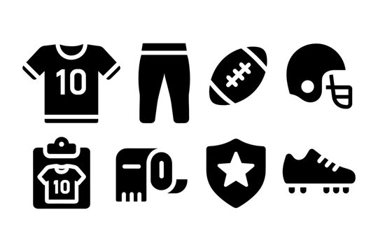 American football icon set: jersey, helmet, ball, and gear