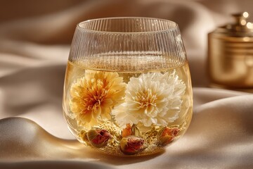 Exquisite blooming flower tea with delicate rosebuds in a clear glass on silk.