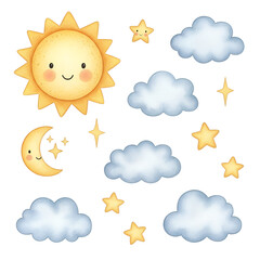 Cute watercolor sun moon stars and clouds illustration isolated on a transparent background png, cut out, clipping path, social media, Advertisement, high quality, HD photo, close up.,  web, banner.