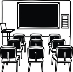 classroom with students chairs and blackboard
