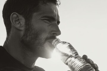 Indian man drinking water from plastic bottle in monochrome