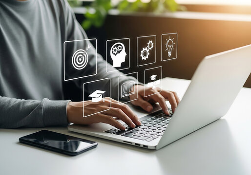 Person using a laptop with digital interface showing business and technology icons for data analysis and innovation