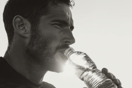 Indian man drinking water from plastic bottle in monochrome