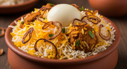 Aromatic Chicken Biryani served with a perfectly boiled egg and crispy fried onions in a traditional earthenware pot, highlighting a delicious culinary experience.
