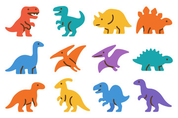 Colorful dinosaur cartoon icons set: cute and playful prehistoric shapes