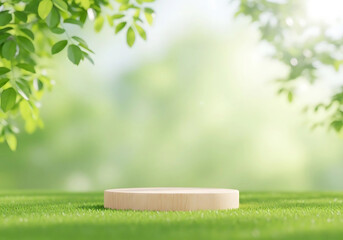 Product Podium in Lush Spring Scene: A product podium is showcased in a lush spring scene, with fresh green grass and foliage to emphasize an eco-friendly vibe for product display.