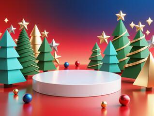 Abstract Xmas tree and star icons forming a festive pattern around a sleek podium platform in a vibrant 3D holiday scene 