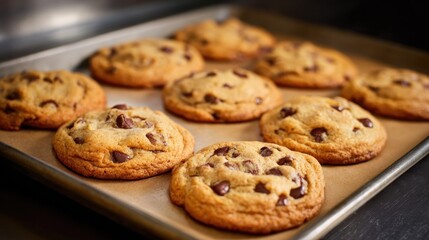 Freshly baked chocolate chip cookies on a metal tray