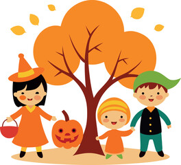 Kids In Halloween Costumes Trick Or Treating Under