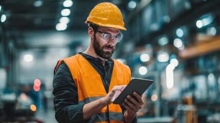 Happy engineer with tablet collecting production data analysing efficiency. Hardworking handsome manufacture supervisor checking factory safety using digital device. Modern manufacturing concept, no 