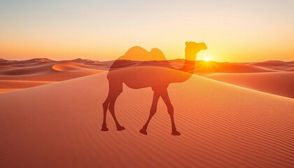 Double exposure of a camel silhouette and Sahara desert landscape, creating an abstract dromedary form, photography, design