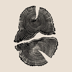 Cross-section of a tree trunk with annual growth rings. Wood slice print illustration. Symbolizes age, time, nature, and history. Linocut style.