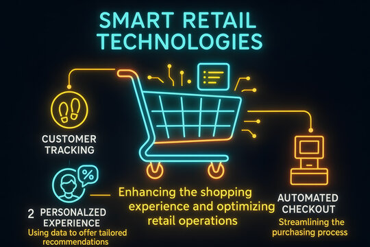 Smart Retail Evolution Infographic with IoT Sensors and AI Analytics for Next-Gen Shopping Experience Innovation