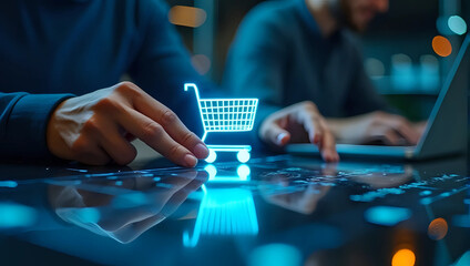 Businessman using digital tablet to manage e-commerce marketplace with virtual shopping cart and sales data - business technology, retail expansion, online store growth concept