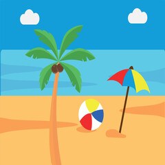 Flat Vector Tropical Beach Scene with Palm Tree and Umbrella
Colorful flat vector illustration of a tropical beach with palm trees, a beach umbrella, and a beach ball under a sunny sky. 