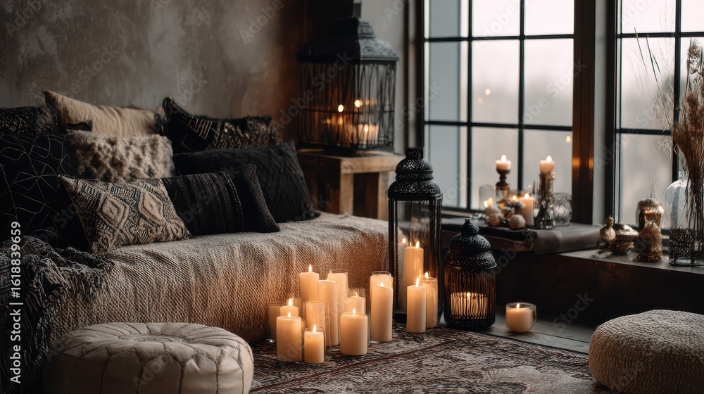 Poster black lamp standing by a sofa and a row of candles lying on the floor in front of a window shedding 