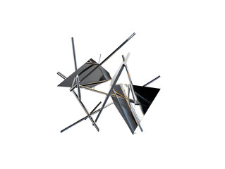 Abstract geometric sculpture with sharp angular shapes in black and grey tones, modern minimalist art piece with striking dynamic composition and bold visual design