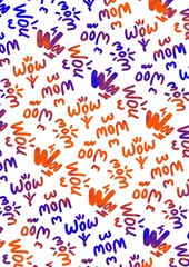 Colorful pattern of the words mom and wow in playful script  