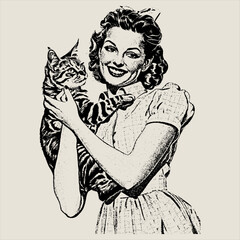 Retro 1950s style illustration of a smiling woman holding a cat. Vintage housewife character with a pet in a classic pop art or screenprint design.