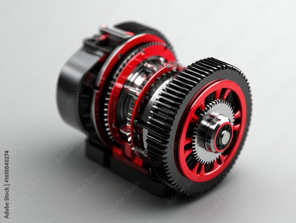 Poster a detailed view of a mechanical gear system featuring red and metallic components, showcasing intric