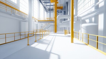 A bright, spacious industrial interior featuring large windows, yellow railings, and a mix of stairs and pipes, creating a modern and clean aesthetic.