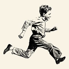 Vintage illustration of a boy running. Retro character in motion, leaping with energy. Classic mid-century drawing style with a halftone texture.