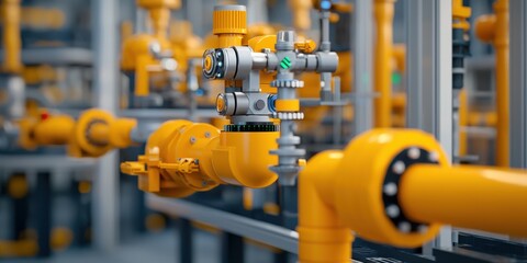 A close-up view of industrial piping and valves, featuring vibrant yellow components in a complex network, showcasing precision engineering.