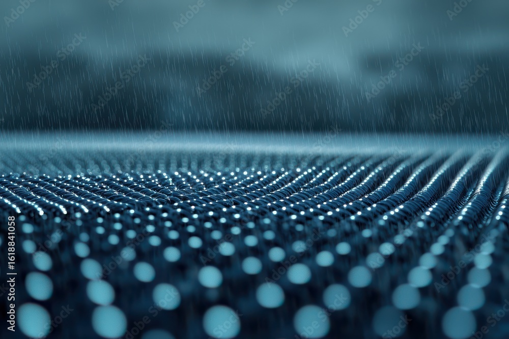 Poster a close-up view of a textured surface with droplets of water, creating a mesmerizing pattern under a
