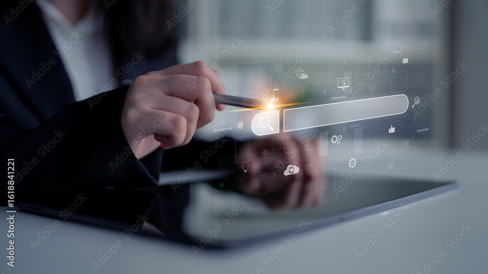 Poster search engine interface for accessing digital information and online data. search engine finds data,