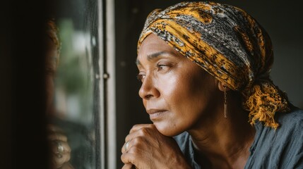 Pensive woman wearing headscarf looking outside window in contemplation. Mature black woman wearing a traditional turban and thinking near window at home. Worried african mature woman with cancer., n