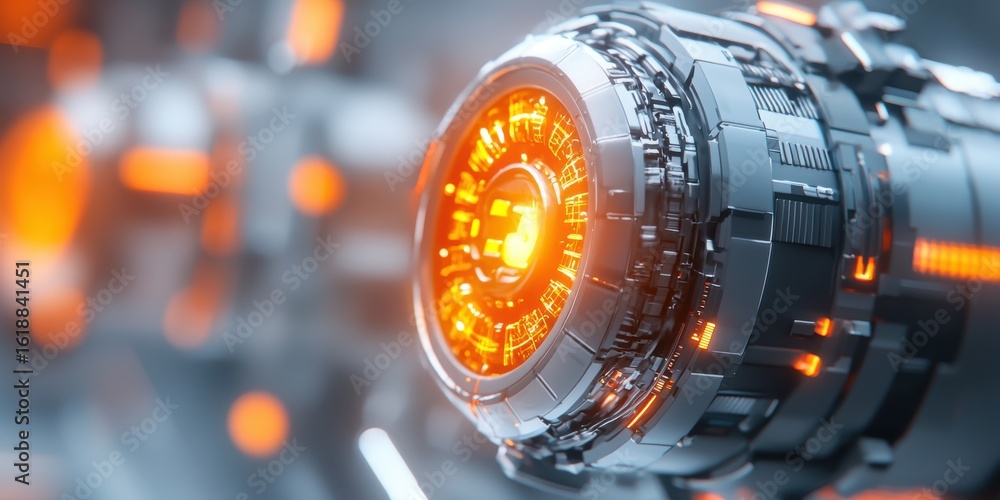 Poster a futuristic, high-tech device with intricate mechanical details and an illuminated orange core, sho