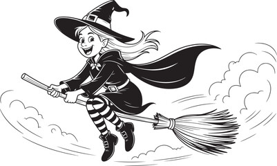 Obraz premium Cartoon witch flying on a broomstick with cape and striped socks halloween magic