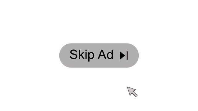Skip ad button black and white animation. Skip advertisement click or pointer animation on white background. 4k