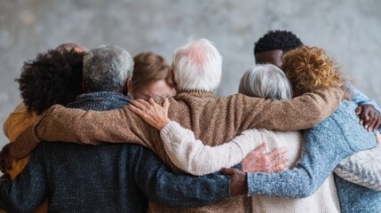Group of multigenerational people hugging each others - Support, multiracial and diversity concept - Main focus on senior man with white hairs, no logos, no brands