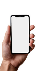 Male hand holding a smartphone with a white screen on a white background