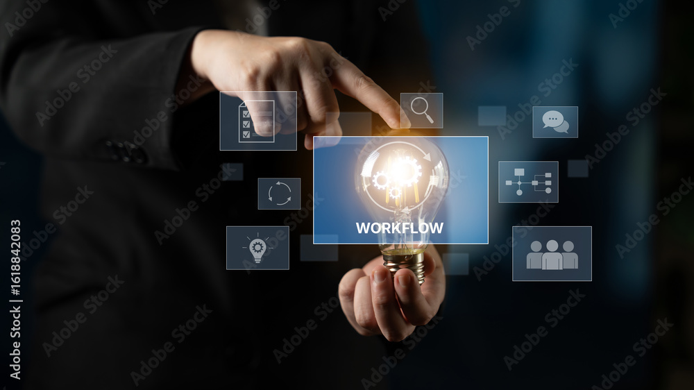 Poster workflow optimization concept featuring interconnected gears, task management, collaboration, proces