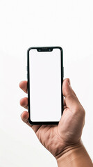 Male hand holding a smartphone with a white screen on a white background