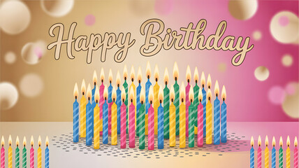 Colorful Birthday Candles with Glowing Flames on Festive Background, Happy Birthday Text Celebration Scene, Party Decor Candlelight Design for Greeting Cards, Invitations, and Stock Images.