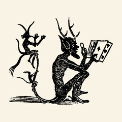 Silhouette of two devils or demons playing cards. Vintage medieval or folk art style illustration. Symbol of temptation, gambling, and mischief.