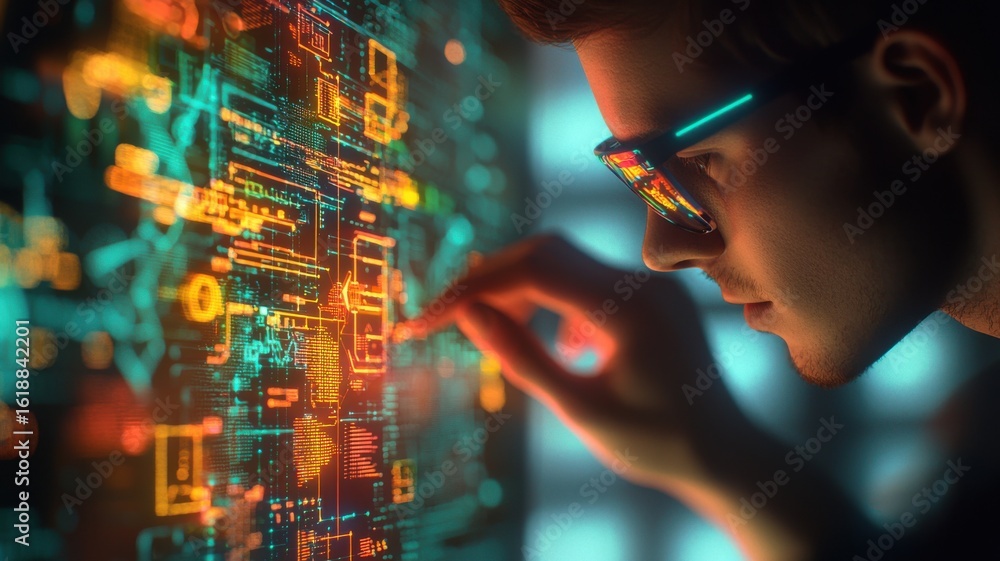 Aufkleber engineer mechanical simulation concept. a person interacting with a digital circuit board, showcasin