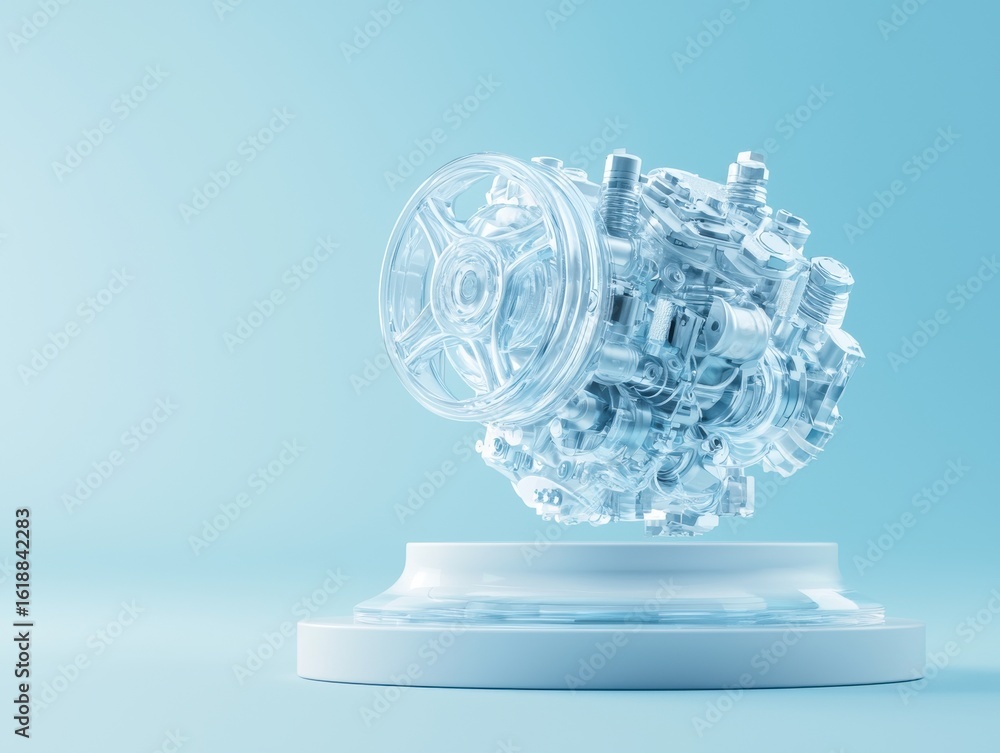 Poster engineer mechanical simulation concept. 3d rendered engine model on a pedestal against a blue backgr