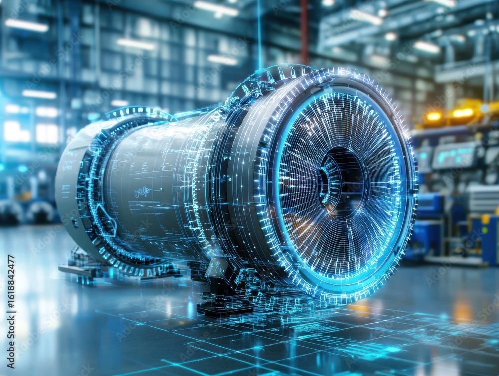 Poster engineer mechanical simulation concept. futuristic turbine design with digital elements in an indust