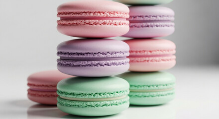 Fototapeta premium Vibrantly Stacked Colorful Macarons Delicious Pastel-Toned French Confectionery Treats, Perfect for Gourmet Dessert Experiences.