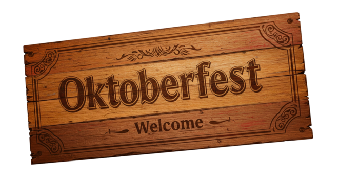 Oktoberfest celebration wooden sign with welcome message for beer festival and german culture event theme party on transparent background - Powered by Adobe