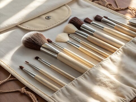 A set of professional makeup brushes with wooden handles is neatly arranged in a canvas roll, ready for cosmetic application